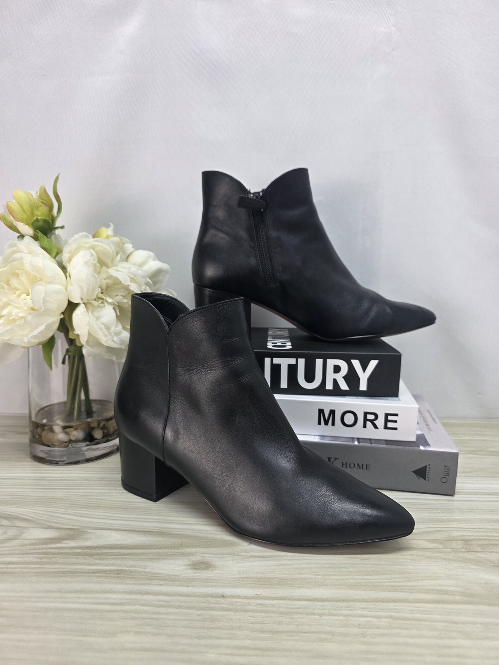 Cole Haan Black Leather Pointed Ankle Booties with Block Heel Size 8.5B